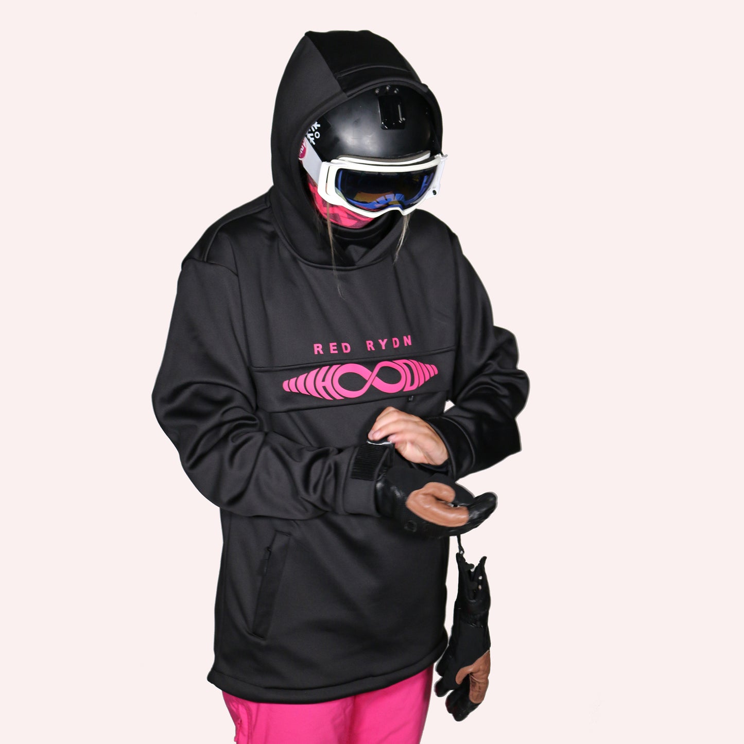 Waterproof hoodie Limited Edition front on photo putting on gloves